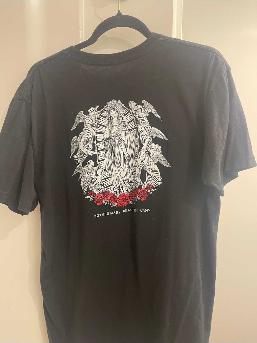 Black Short-Sleeve Graphic Tee with Mother Mary Print